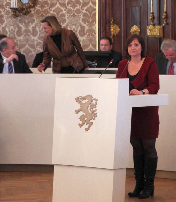 KPÖ-Klubobfrau Claudia Klimt-Weithaler bei ihrer Rede
